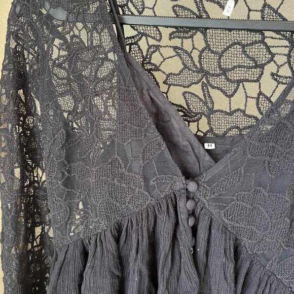 Free People M Black Lace Boho Slip Dress Romantic & Flowy - Picture 3 of 12